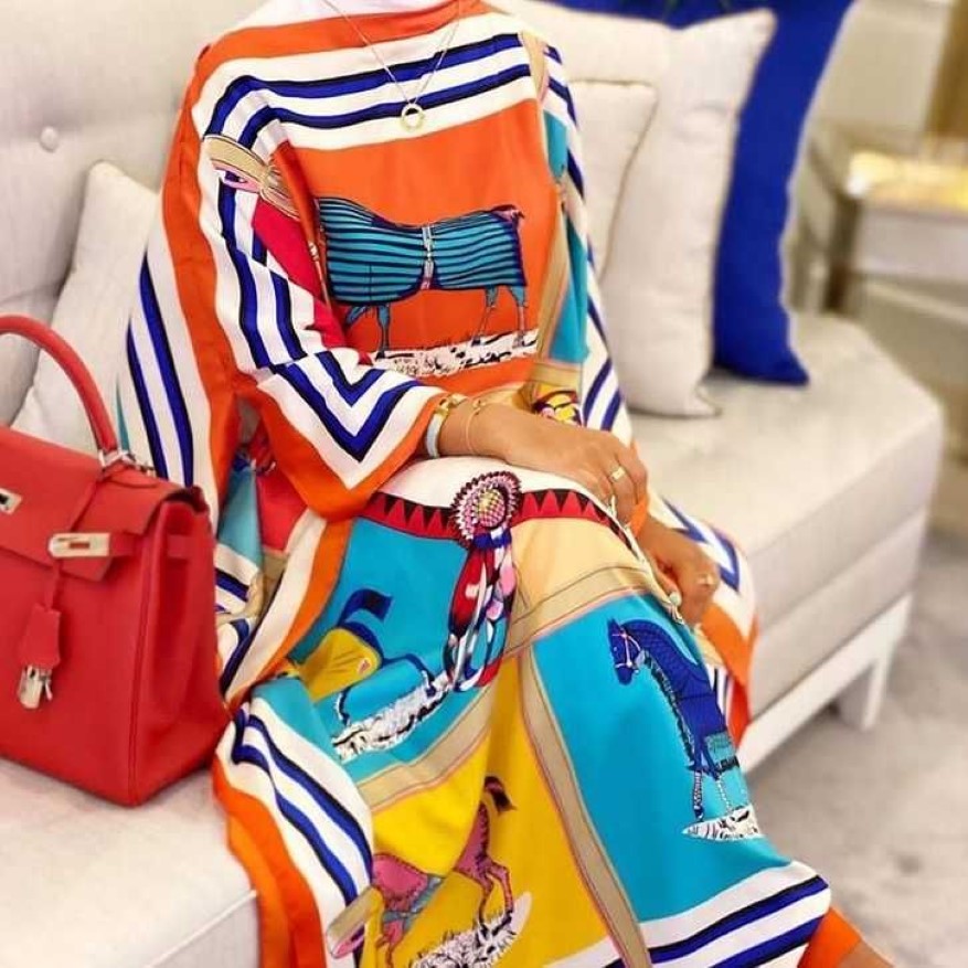 Etnik Giyim Kuveyt Moda Blogger Baskılı İpek Kaftan Maxi Elbiseler Gevşek Yaz Plajı Bohem Uzun Elbise Lady201j