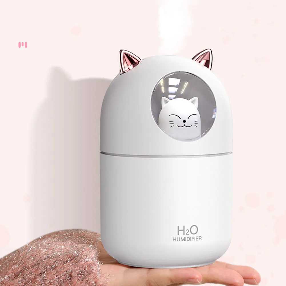 Luftfuktare 300 ml luft luftfuktare söt tecknad katt doft diffusor med glöd USB kall dimma generator lämplig för hushållsbil luftrenare färskare y240422