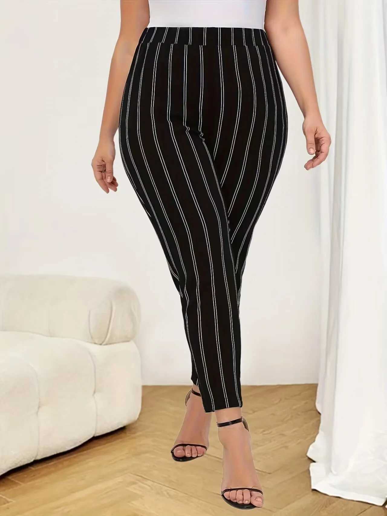 Women's Pants Capris Plus Size Spring and Autumn Brushed Milk Silk Bottom Pants Striped Slimming Elastic Womens Pants Wearing Small Foot Y240422