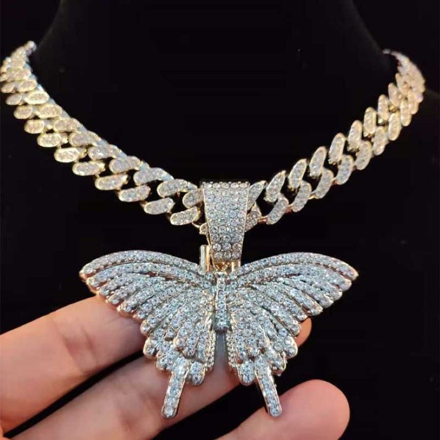 Hommes Femmes Hip Hop Butterfly Pendant Collier avec 13 mm Chain cubain Iced Out Bling Hiphop Colliers Fashion Charm bijoux x07315Q