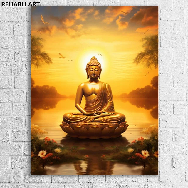 Zimmerdekor Golden Buddha Statue am Sonnenuntergang Poster Print Leinwand Malerei Moderne Home Dekoration Wandkunst Landschaft Bilder ungerahmt