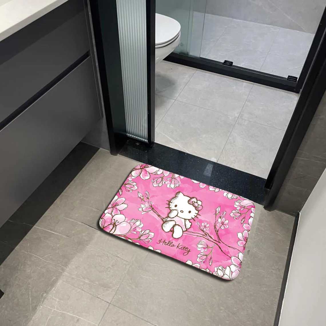 Tapis rose sakura chambre de sol de chambre à coucher salle de bain douce salle de bain molle rugh-hello k-kittys tapis absorbant de porte de porte pour salle de bain pailtre T240422