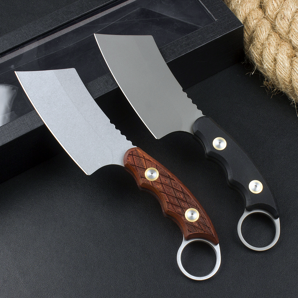 Promotion H0421 High Quality Kitchen Knife D2 Stone Wash/Titanium Coated Blade G10/Rosewood Handle Outdoor Camping Hiking Fixed Blade Knives with Leather Sheath