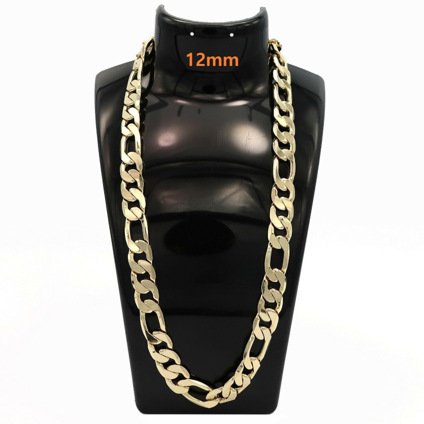 Mäns halsband 14K Guldfinish Figaro Link Chain Thick Hip Hop 24 12mm229v