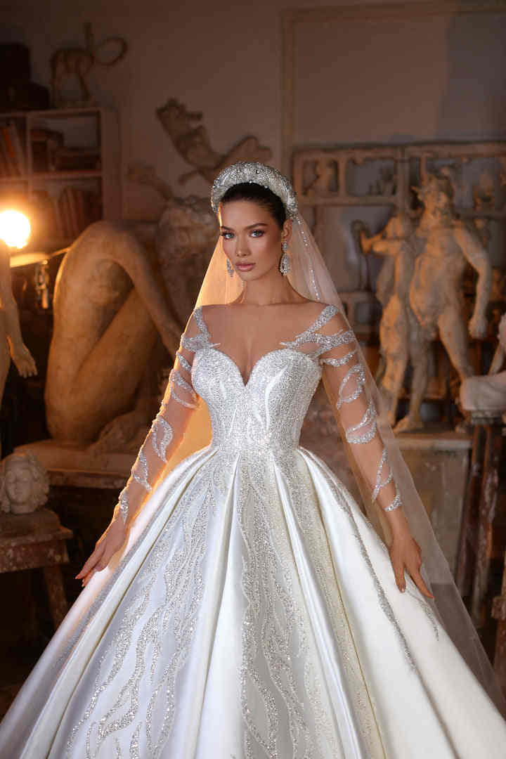 Luxury A-Line Women Wedding Dress Sheer Neck Long Sleeves Bridal Gowns Sequins Sweep Train Dress Custom Made