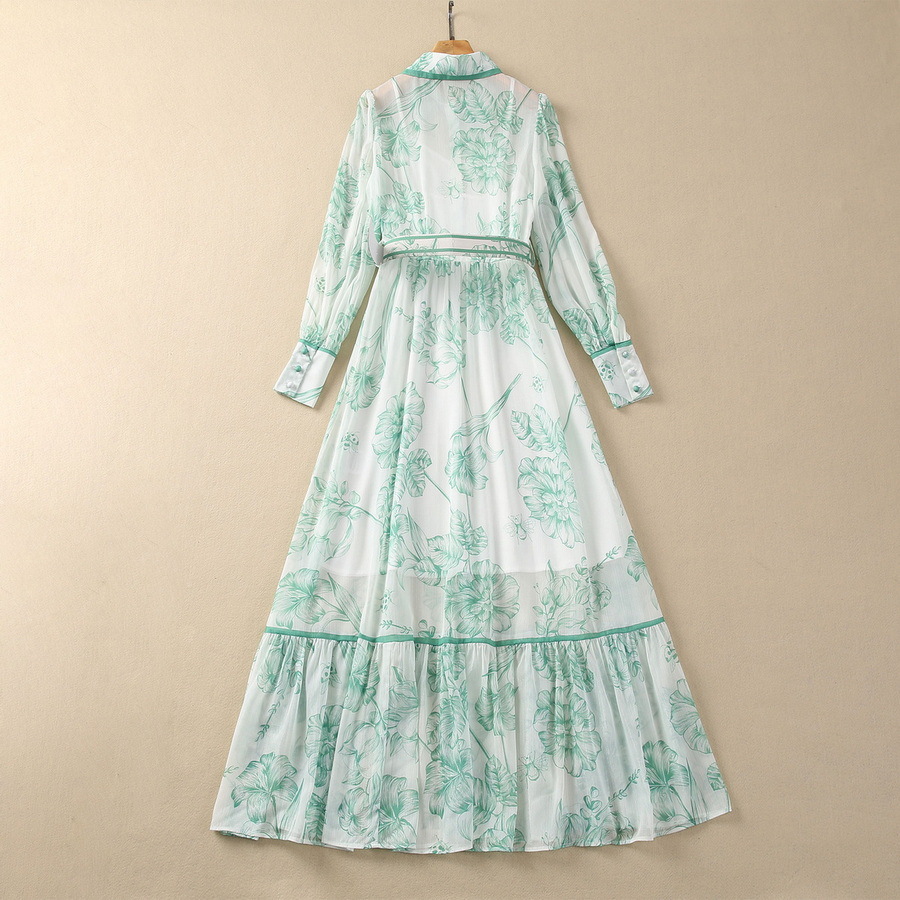 Women's Runway Dresses Turn Down Collar Long Sleeves Printed High Street Fashion Maxi Vestidos with Belt