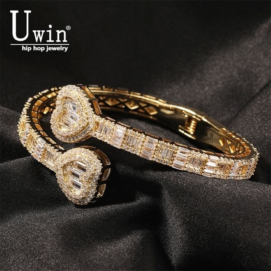 Bracelets de charme uwin baguette cz coeur 6 mm bracelet réglable bracelet micro pavé bling cubic zirconi le rappeur de luxe hiphop bijoux pu333r