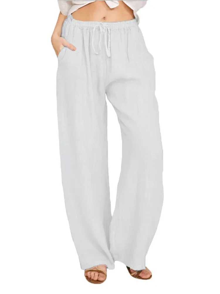 여성용 바지 Capris Womens Cotton Linen Pants 캐주얼 세트 느슨하고 탄성적 인 허리 대형 해변 조깅 캐주얼 바지 레트로 여자 의류 Y240422