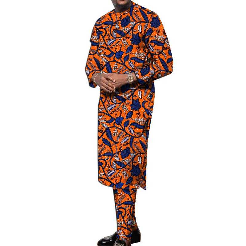 Etniska kläder Afrikanska tryck Mens Ramadan Kläder Mens Set Long Shits med Pant Novty Outfit Nigerian Fashion Male Party Wear D240419