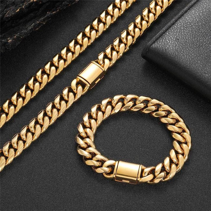High Quality 18K Yellow Gold Plated Stainless Steel Miami Cuban Chain Necklace Bracelet Links for Men Women Punk Jewelry308Q
