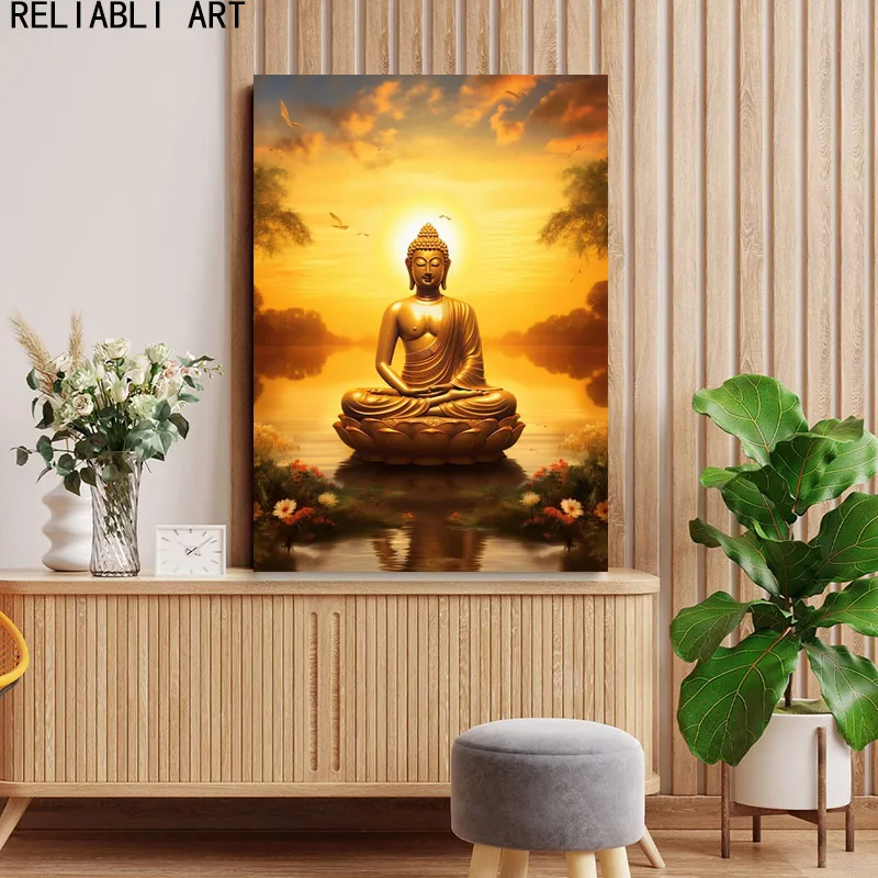 Zimmerdekor Golden Buddha Statue am Sonnenuntergang Poster Print Leinwand Malerei Moderne Home Dekoration Wandkunst Landschaft Bilder ungerahmt