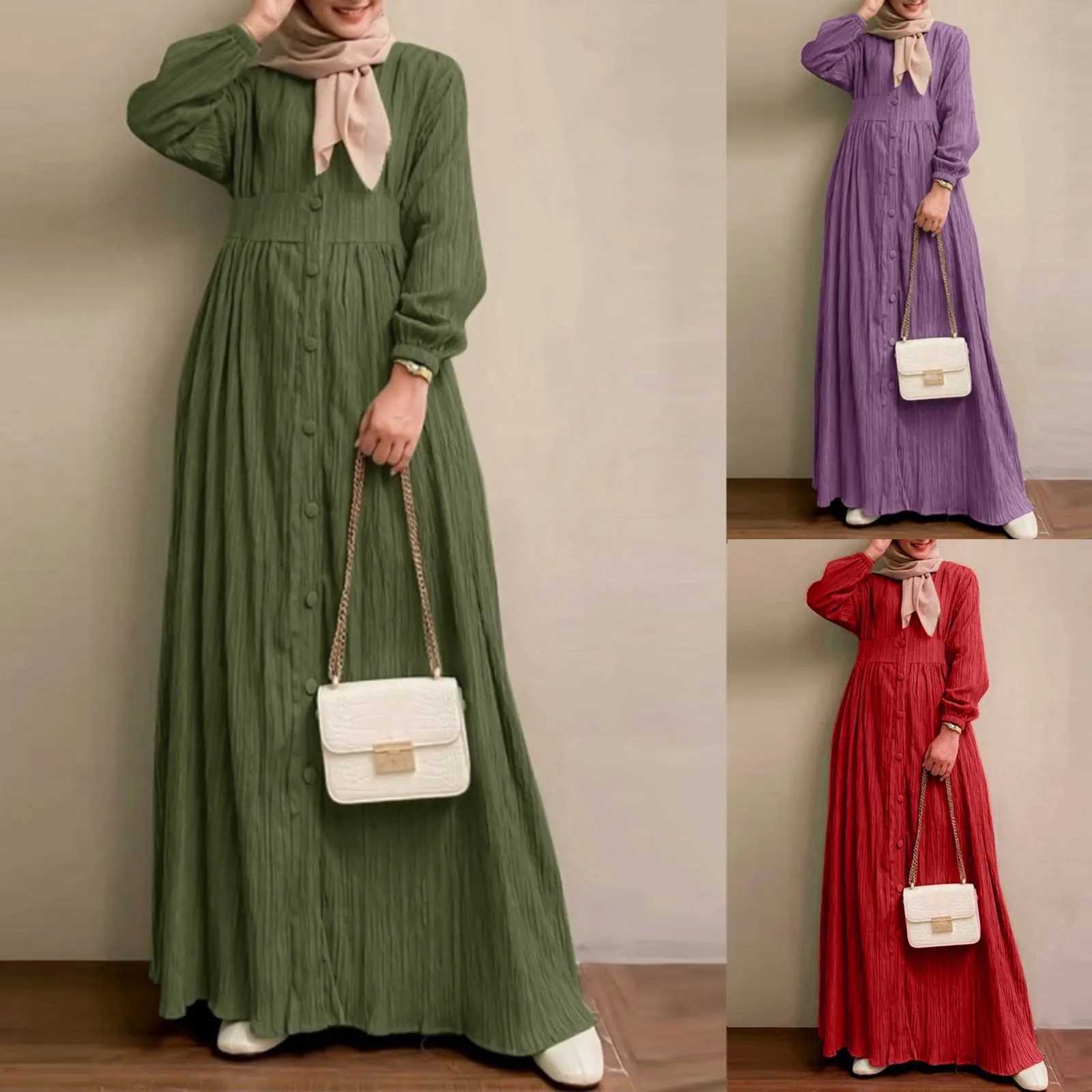 Ropa étnica Mujeres manga larga Muslim Maxi Vestido 2024 Vintage elegantes botones casuales Down Sundress Dubai Islamic Clothing Abaya D240419