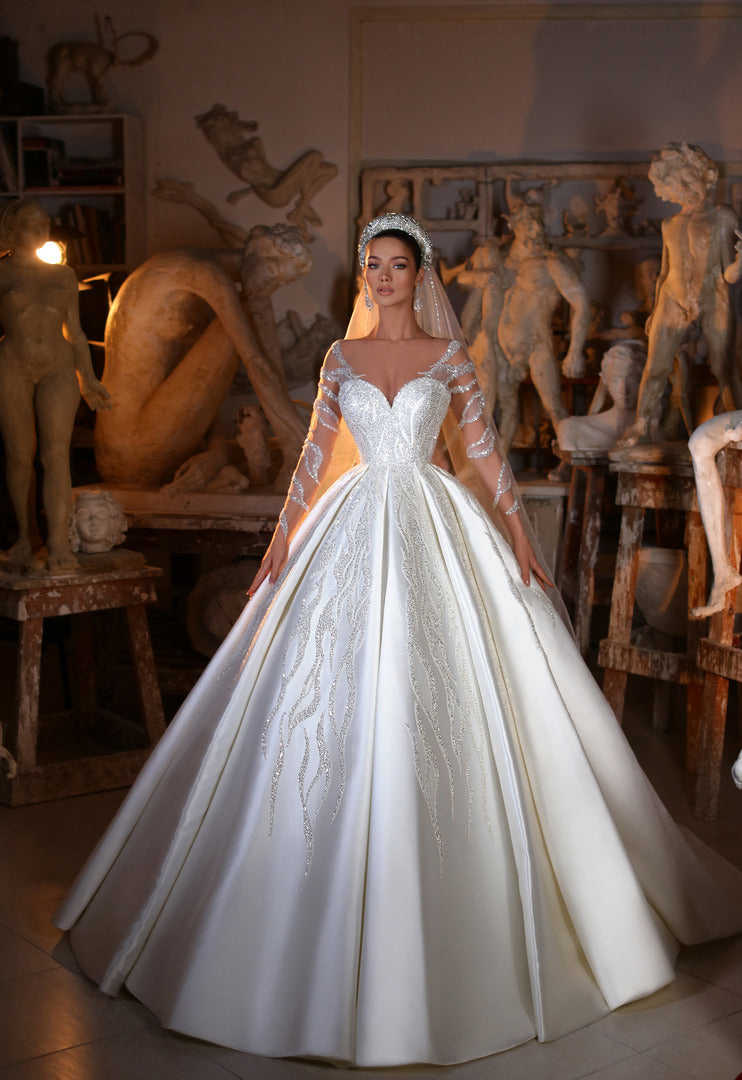 Luxury A-Line Women Wedding Dress Sheer Neck Long Sleeves Bridal Gowns Sequins Sweep Train Dress Custom Made