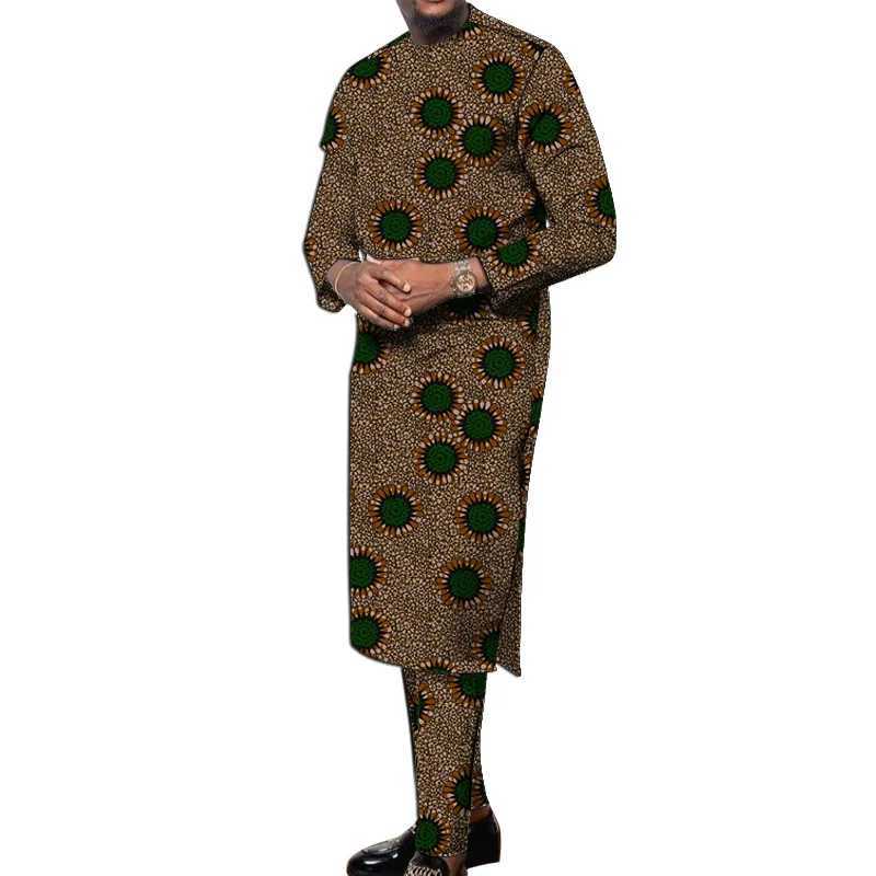 Etniska kläder Afrikanska tryck Mens Ramadan Kläder Mens Set Long Shits med Pant Novty Outfit Nigerian Fashion Male Party Wear D240419