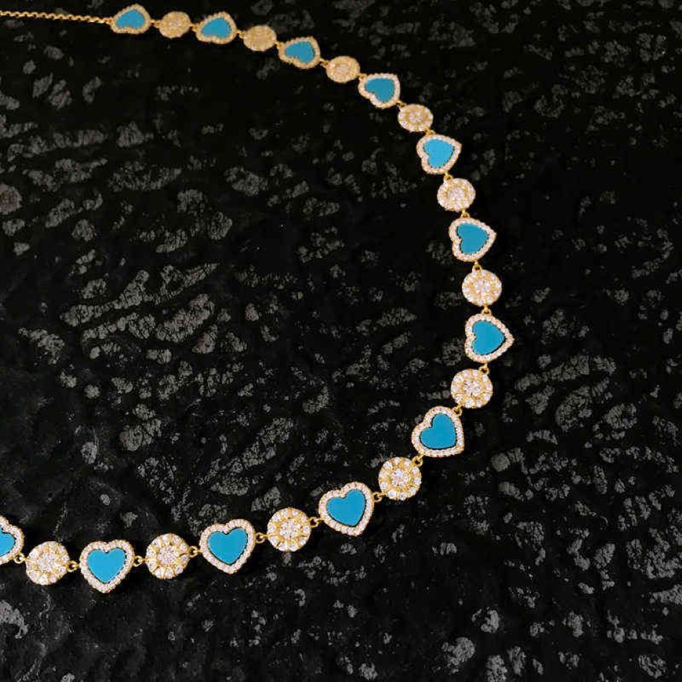 S925 Sterling Silver Summer Lovely Yellow Gold Color Multi Sun Lagoon Blue Heart Justerbar halsband för kvinnors gåva smycken Y1241U