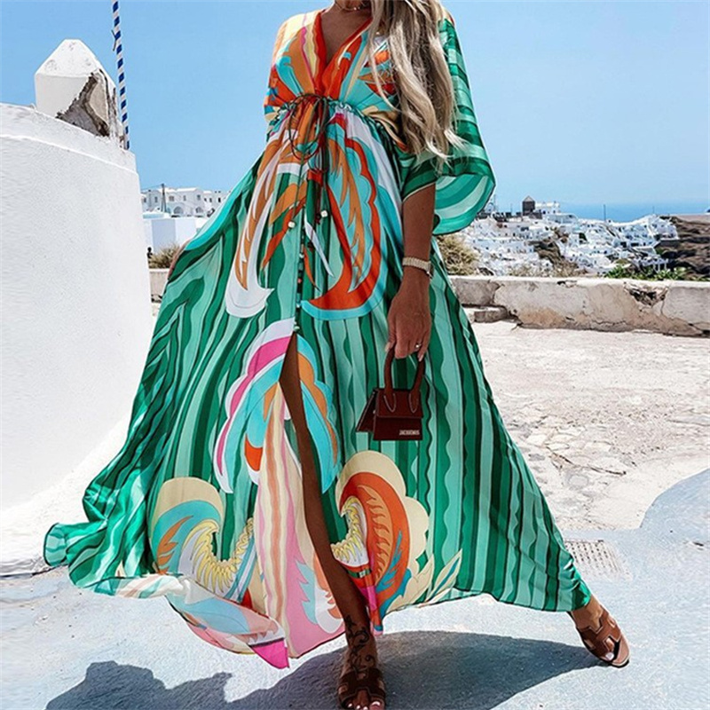 Womens V-neck Printed Long Dress Beach Coverups For Women Summer Flower Beachwear Cover Ups Bath Dresses Plus Size 3XL 2024 European American NEW