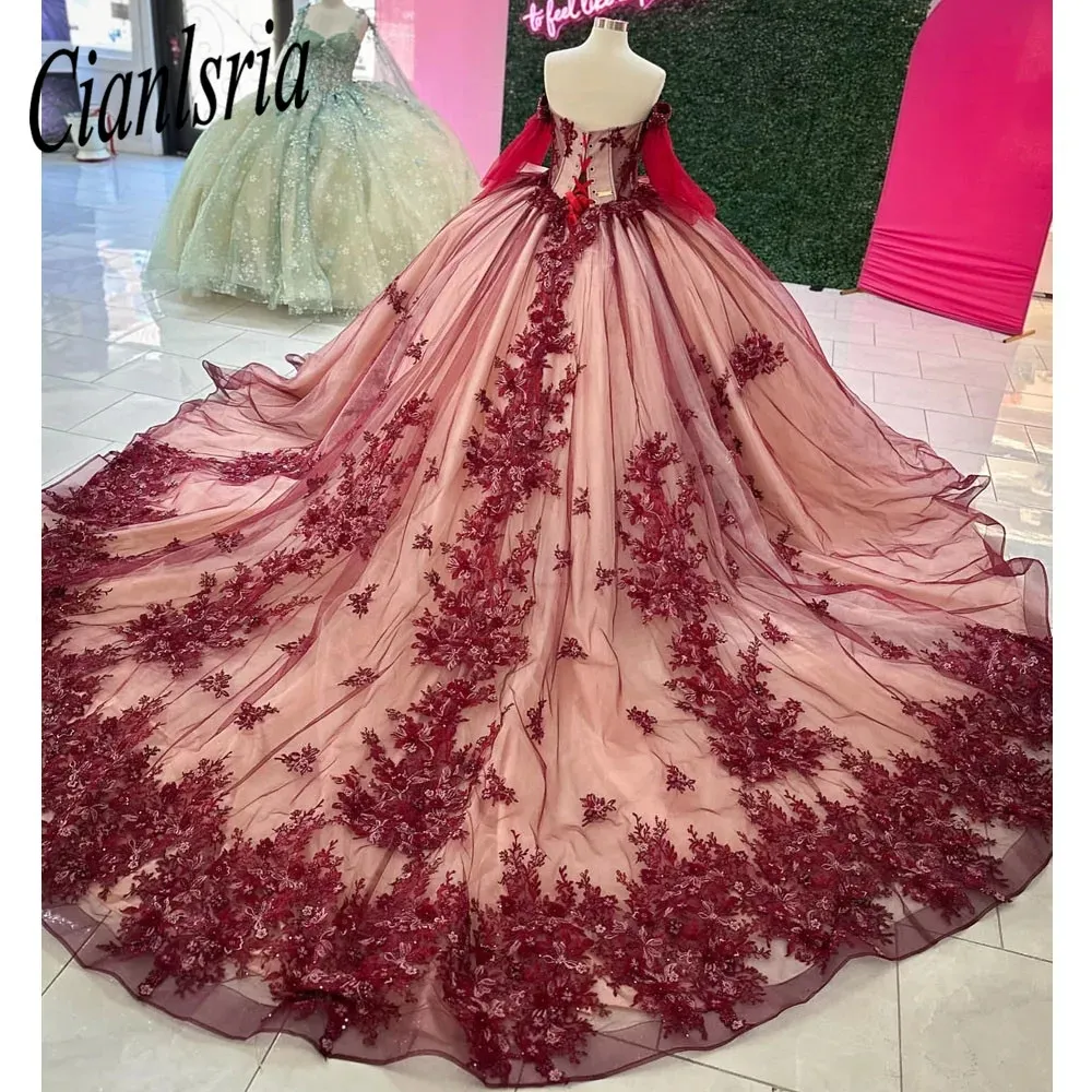 Abito da quinceanera da abbigliamento da ballo rosso vino principessa 2024 fiori 3d dolce 16 vestito vestidos abbigliamento da festa di compleanno appliques in pizzo