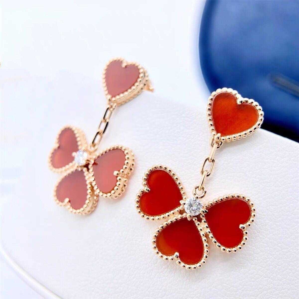 Designer charm Van Heart shaped Earrings 925 Pure Silver Plated 18K Gold Four Red Jade Marrow Peach Love Tassel jewelry