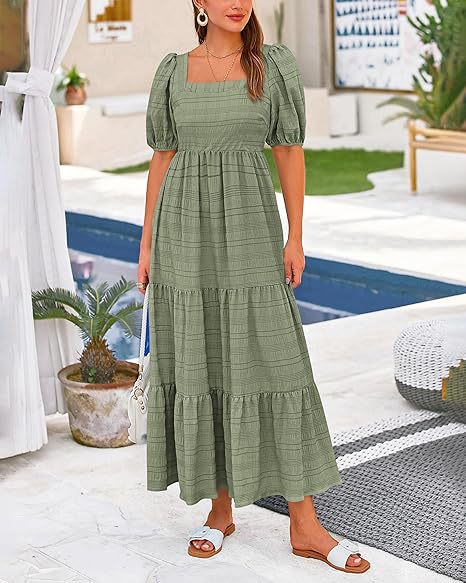 여자 여름 캐주얼 드레스 퍼프 짧은 슬리브 스퀘어 넥 하이 허리가 잘린 A- 라인 유량 느슨한 느슨한 핏 미디 드레스