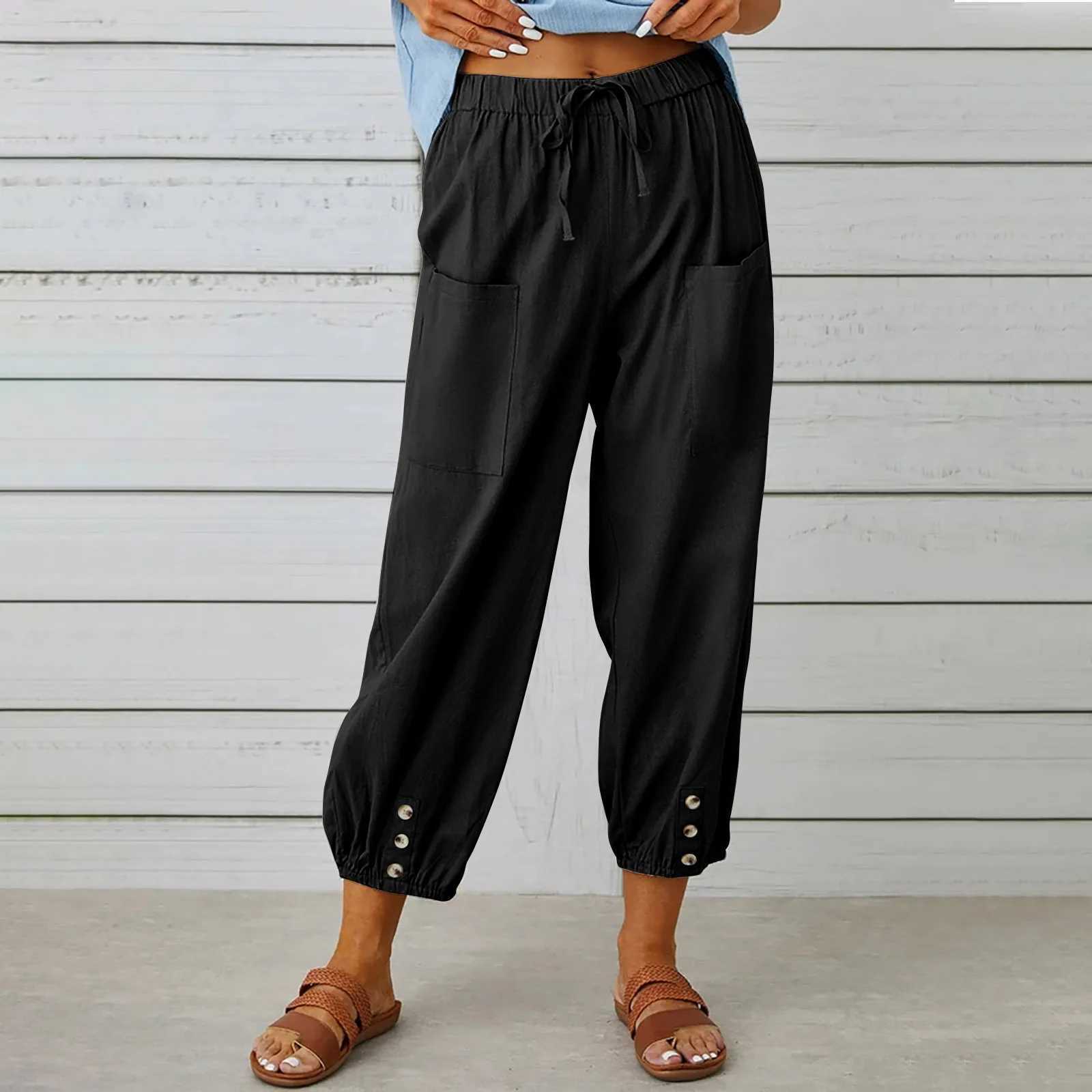 Pantalon féminin Capris 2024 Nouvelle Europe et les États-Unis Cross Border Loose High Bouton Coton et pantalon de chanvre Pantalons courts Pantalons de femmes à pattes larges Y240422