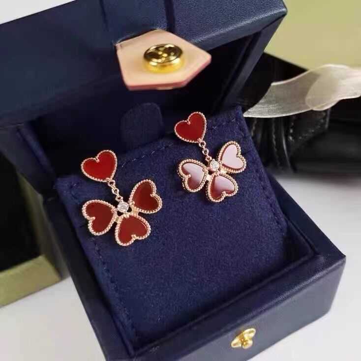 Designer charm Van Love Earrings 925 Sterling Silver Flower plated with 18K gold four red chalcedony Heart Pendant jewelry