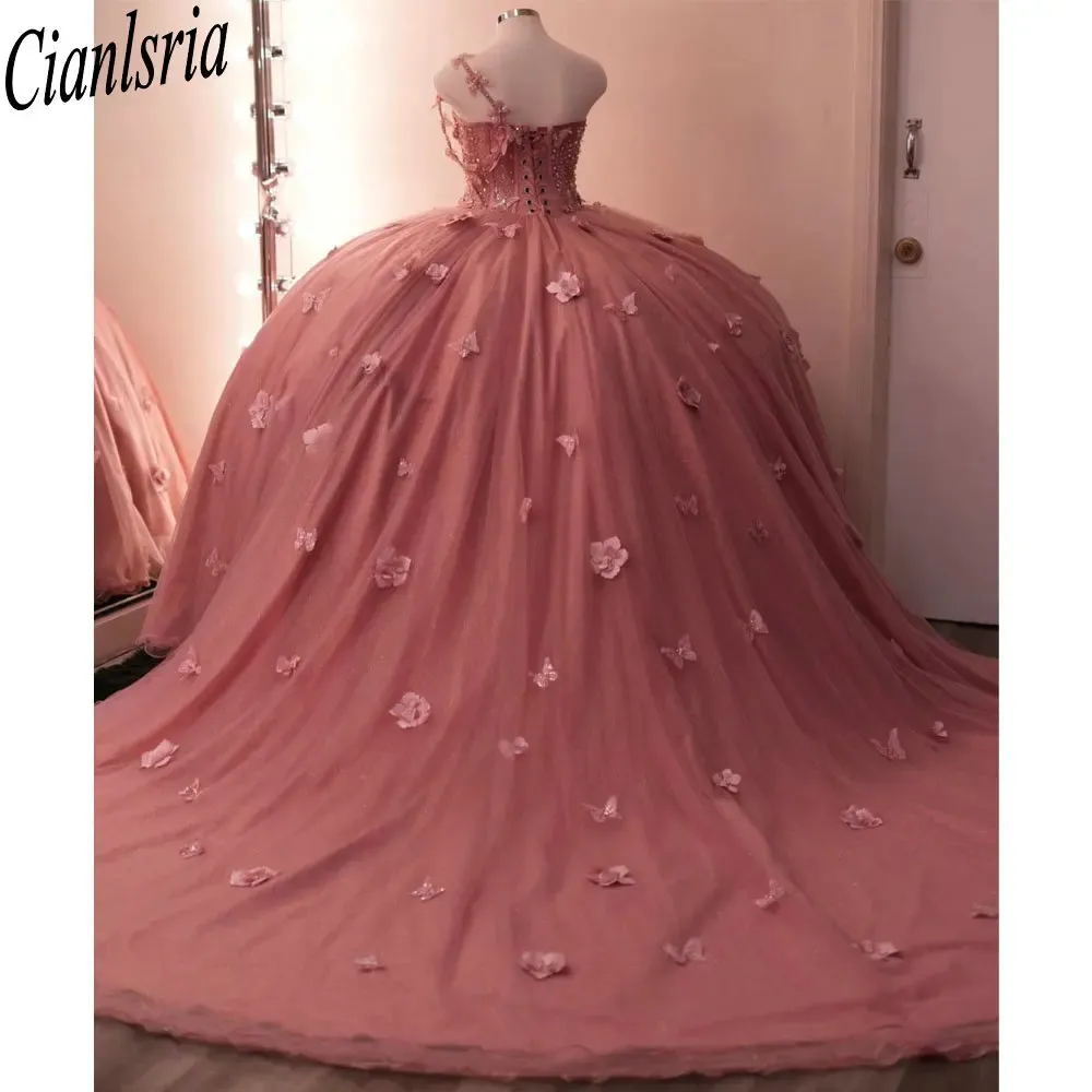 Pink Crystal Beading Pearls Quinceanera Dresses Ball Gown One Shoulder 3D Flowers Sweet 15 Vestidos De XV Anos