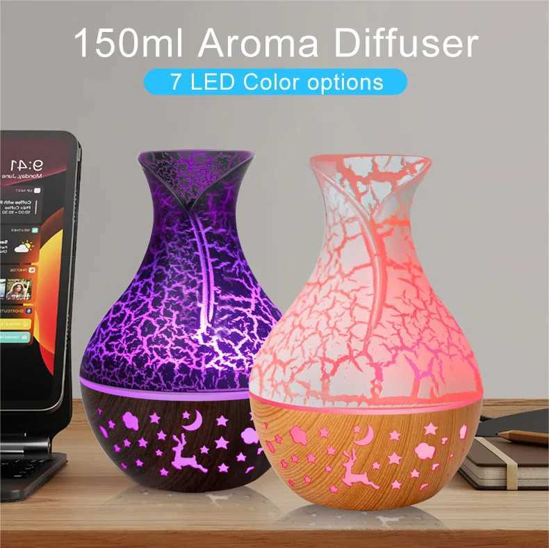Humidifiers 150ml new vase air humidifier hollow wood grain aromatic oil diffuser 7-color LED lamp Y240422