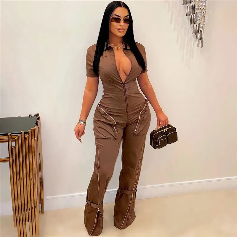 NEW Designer Spring Jumpsuits Women Short Sleeve Rompers Casual Turn Down Collar Zipper Overalls Solid Cargo Pants Bulk Wholesale Clothes 10982