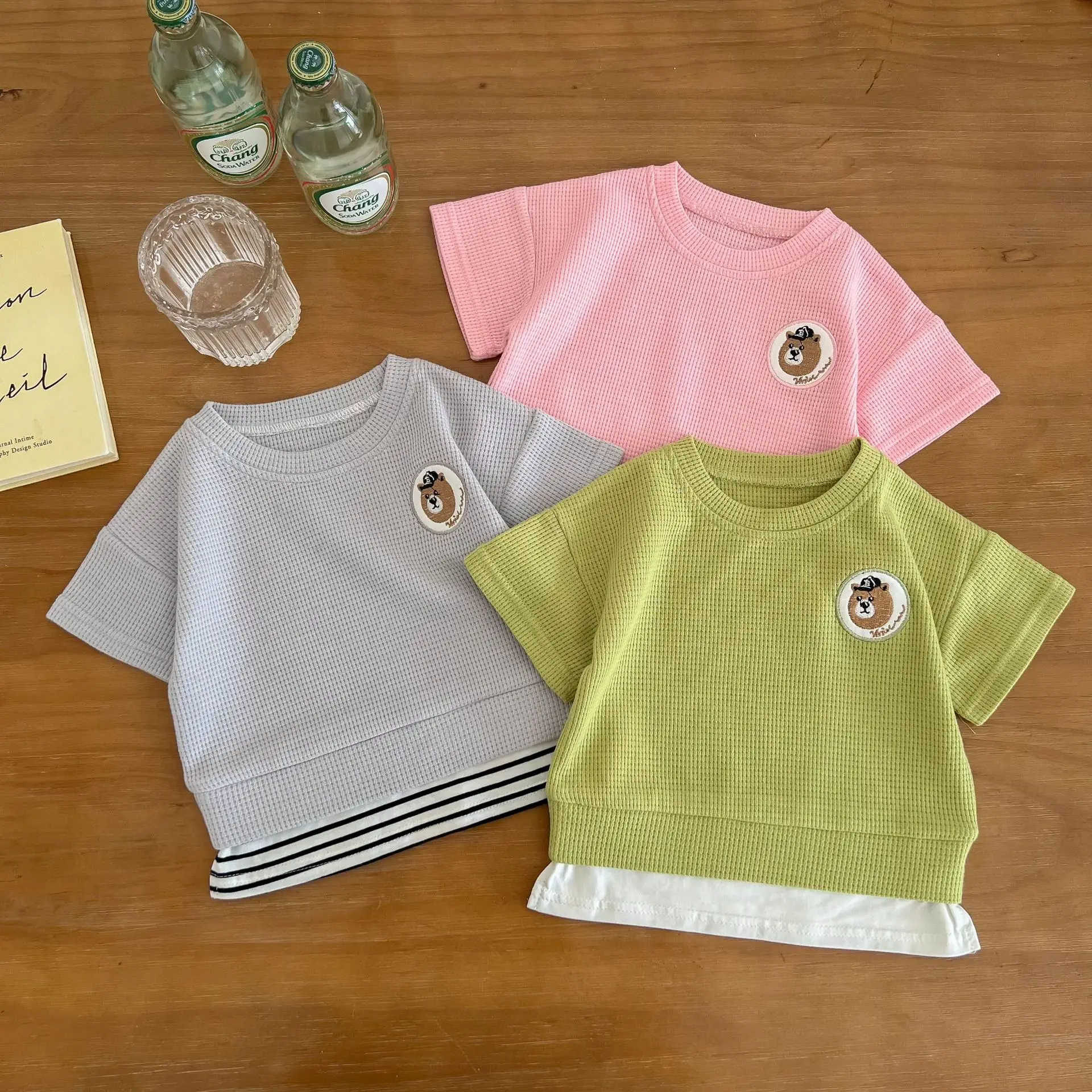 Set Summer infant Girl Set set baby boy orso ricamo solido a due pezzi tops cotone corto da abiti bambini