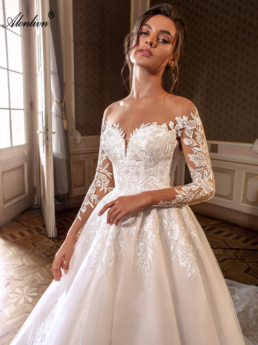 Prachtige appliques kant pure nek a-line trouwjurk kralen bloemen met bloemenpatronen prinses bruidsjurken geborduurd met meerlagige delicate tulle