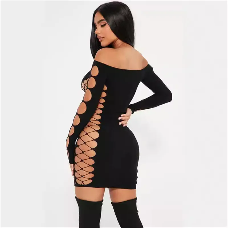 NEW Designer Sexy Hollow Out Dress Women Off Shoulder Mini Dresses Summer Bodycon Mesh See Through Dress Night Club Wear Wholesale Clothes 10980