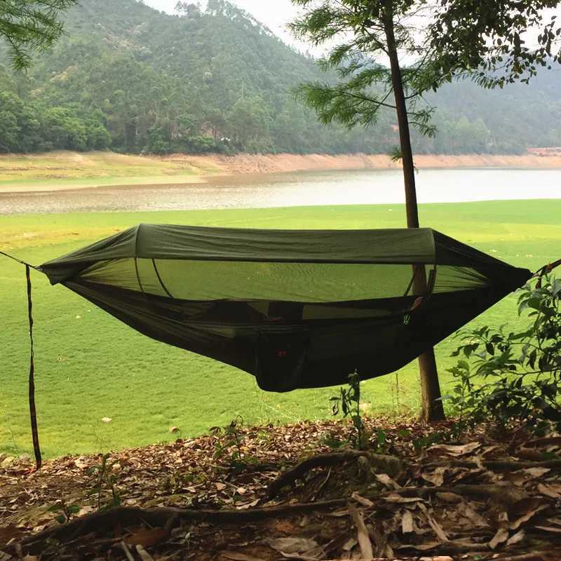 Kampmeubilair 1-2 Persoon Portable Outdoor Camping Hangmat met High Qualit Mosquito High Strength Parachute Fabric Hanging Bed Hanging Swing Y240423