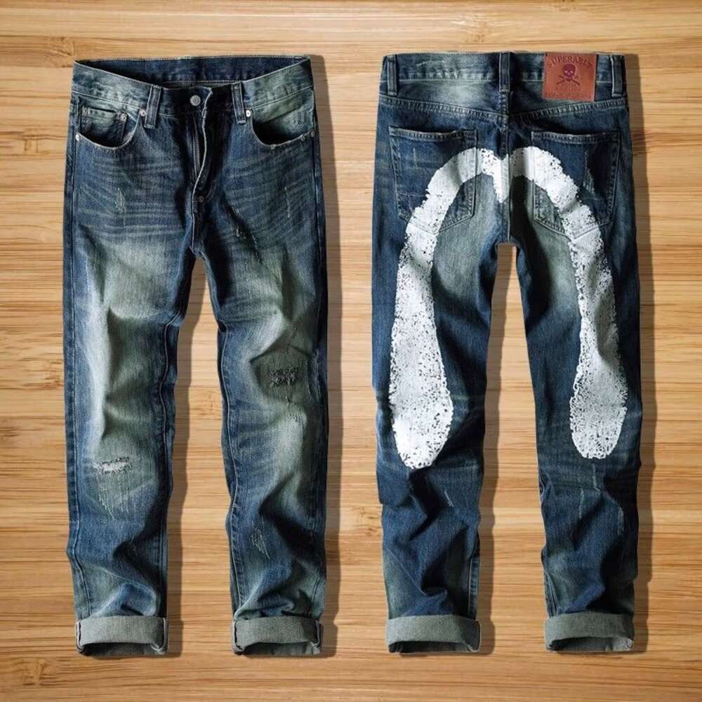 Fushen Jeans With Straight Fit Large M White Printed Brand, Fashionable And Trendy Men's Oversized Denim Pants 348240