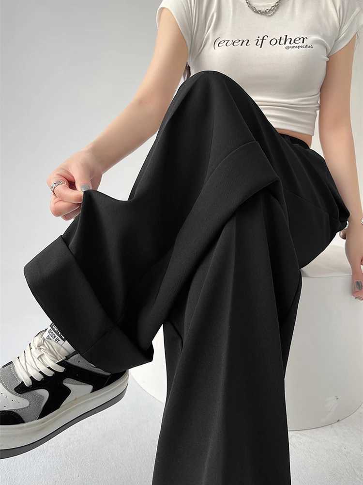 Women's Jeans Womens Flipped Suit Wide Leg Black Pants Fashion Commuter Office Girl Temperament Female High Waisted Straight Thin Trousers Y240422