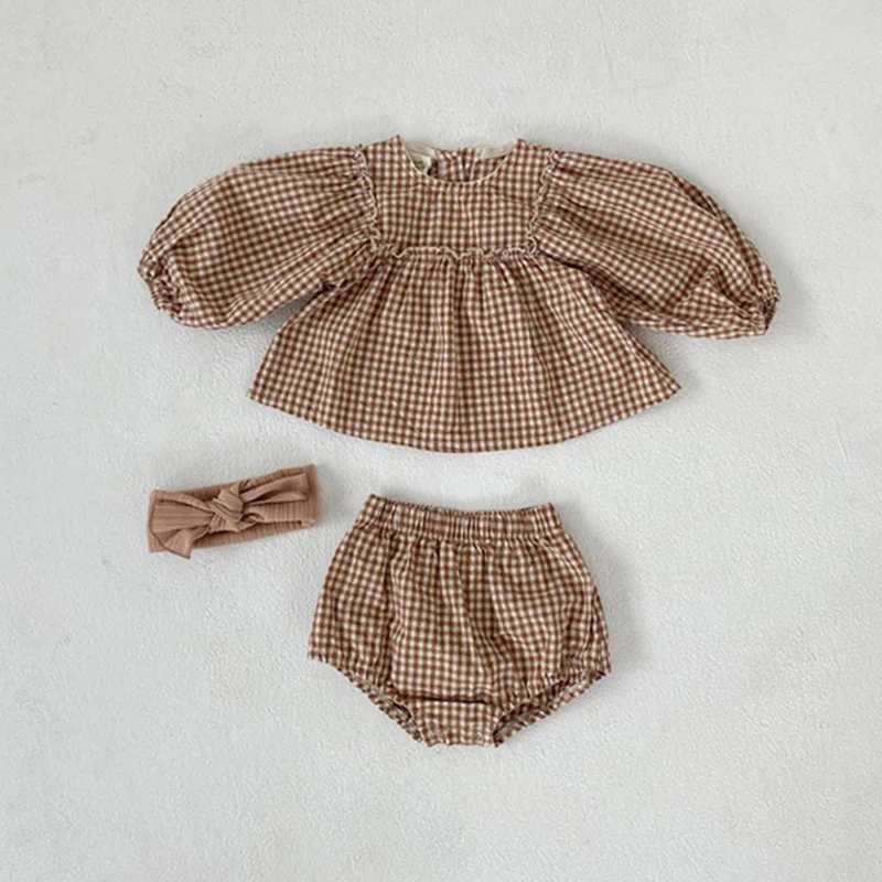 Sets Baby Girls Suit 2022 Baby Girls Vêtements Little Plaid Infant Girls Clothes Set Puff Sleeve Blouse + Bloomer Toddler Vêtements