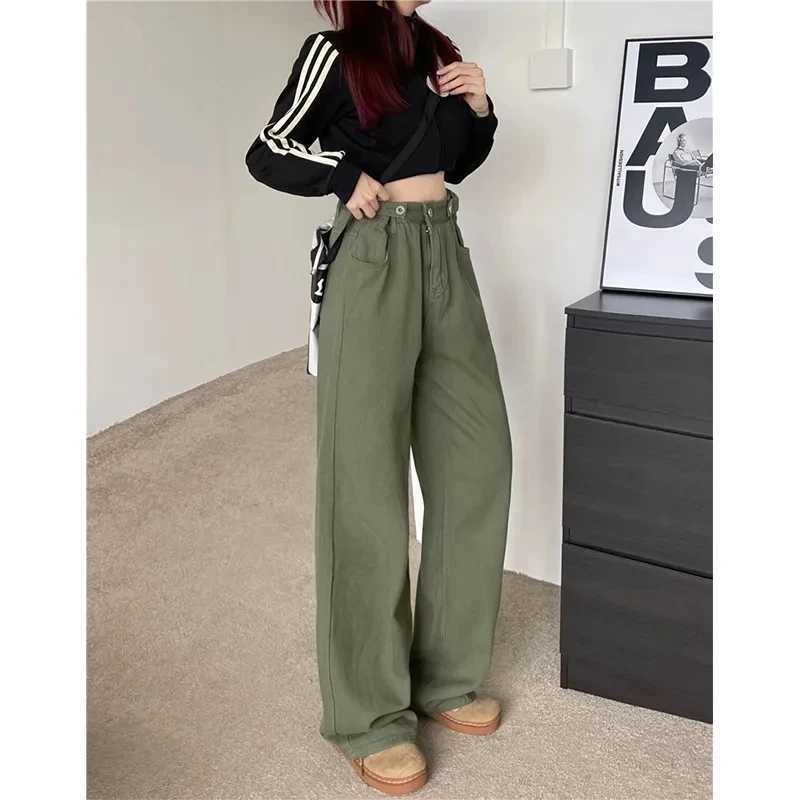 Women's Jeans Strtwear Women Jeans Straight Pants Ladies Grn Loose Wide Leg Pants Ladies Jeans Summer High Strt Cargo Denim Trousers Y240422