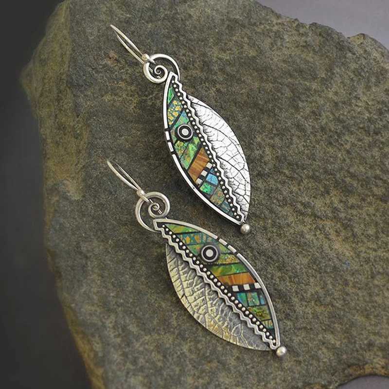 Dingle ljuskronor bohemiska gröna bladörhängen för kvinnor etnisk abstrakt vintage silverfärg droppe dingle örhänge oorbellen pendientes o4d423 d240323