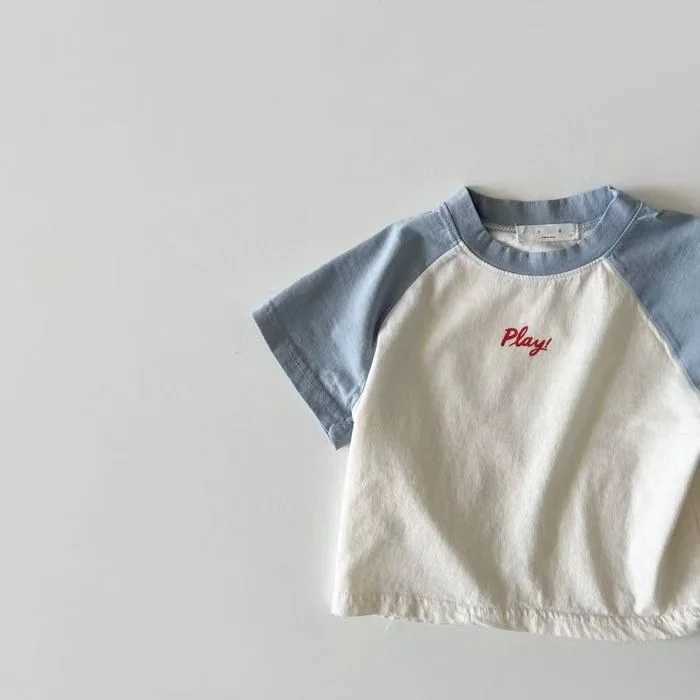 티셔츠 2023 여름 새 아기 짧은 슬리브 티셔츠 소년 여자 귀여운 놀이 편지 인쇄 유아 캐주얼 면화 아이 H240423