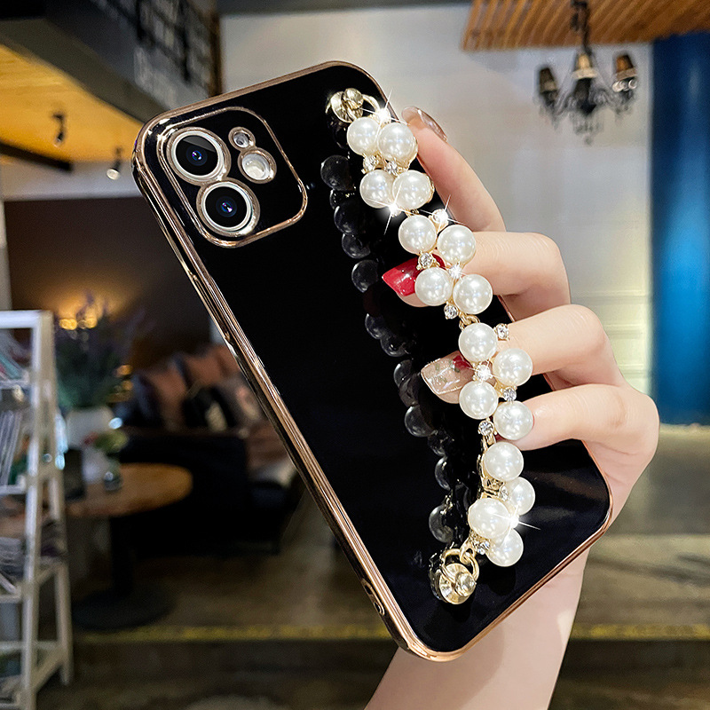 Rückbedeckung mit Plattierung Perlenarmband Kette Weiche für iPhone 15 13 14 12 Pro Max 11 xs x xr plus Mini SE Glitter Silikonabdeckung