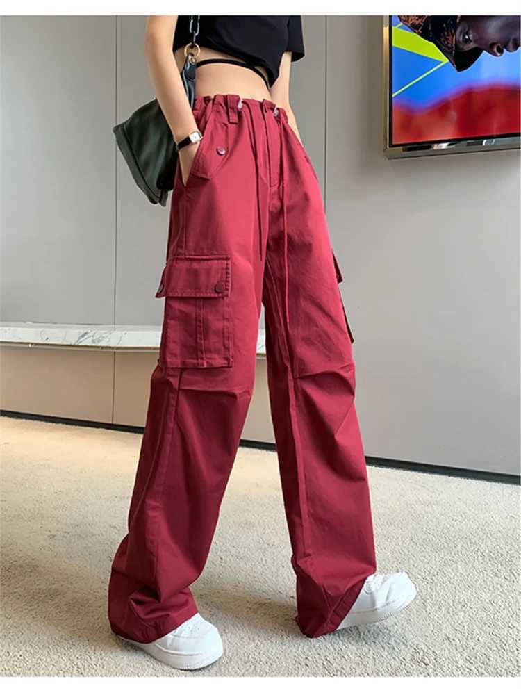 Women's Jeans Womens Drawstring Design Large Pocket Casual Pants Fashion Girl Wide Legs Bottoms Female High Waisted Straight Thin Trousers Y240422