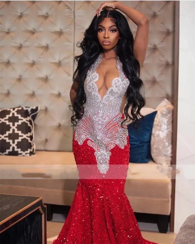 Sparkly Red Sequin Mermaid Prom Dresses 2024 Luxury Silver Crystal Beaded Sheer Neck Long Formal Party Evening Gowns for Black Girls