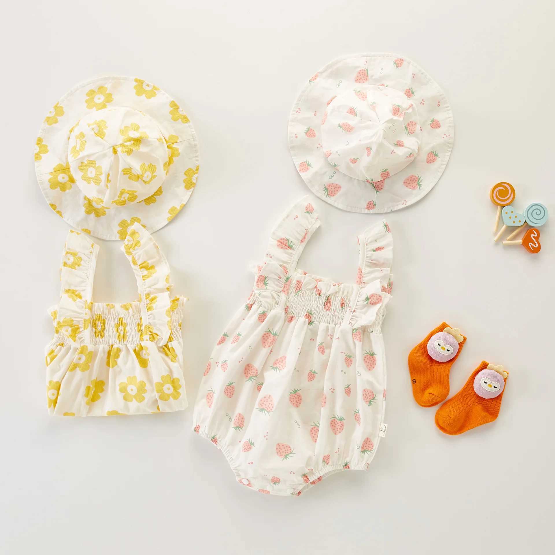 Rompers Angou Summer Newborn Baby Koszyk Bez rękawów Jobsu+kapelusz 2-częściowy kwiatowy dziecko H240423