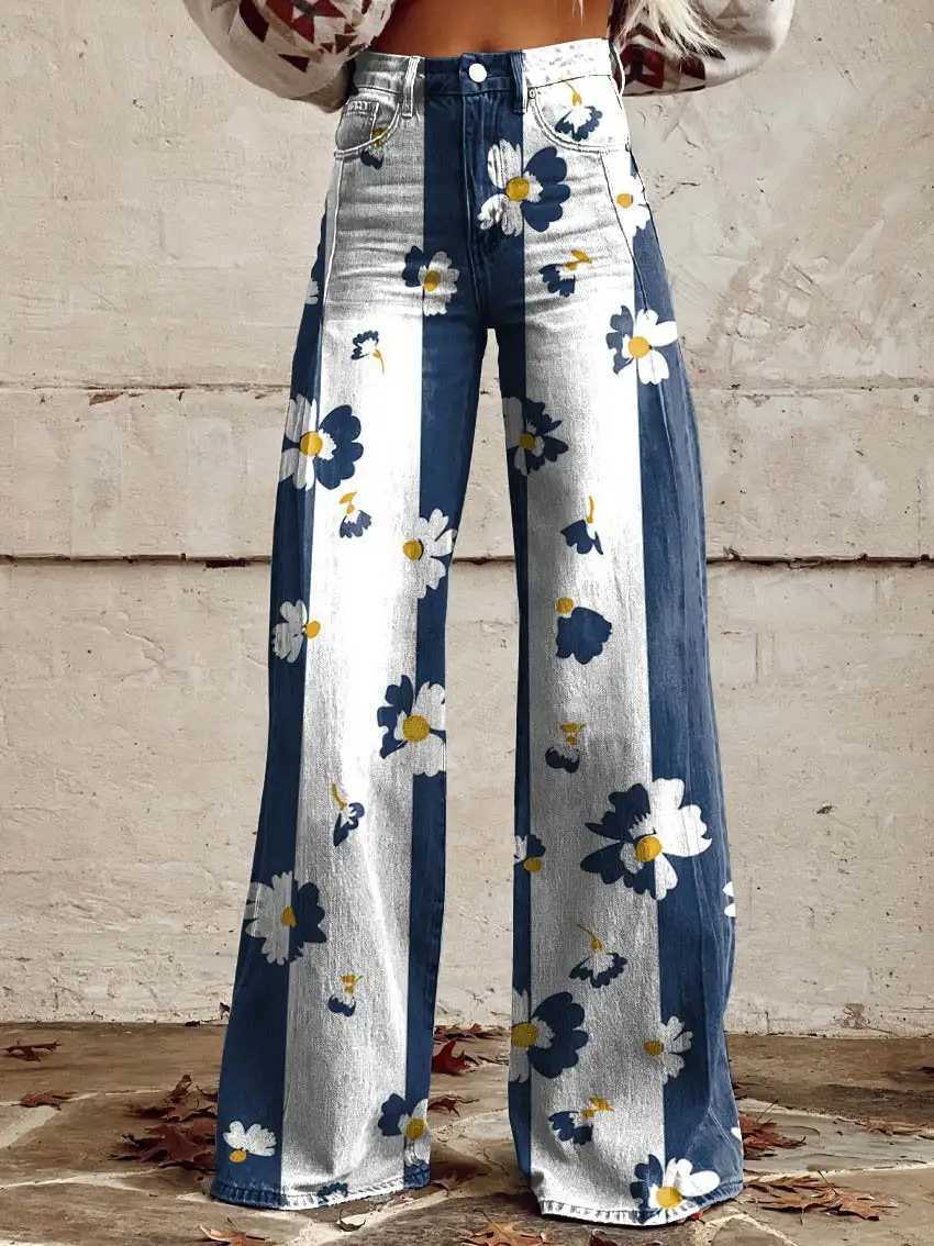 Kvinnors jeans fashionabla väggmålningens jeans i koreansk stil elegant hög midja breda benbyxor förlorar alla kvinnors avslappnade S-XL-byxor y240422