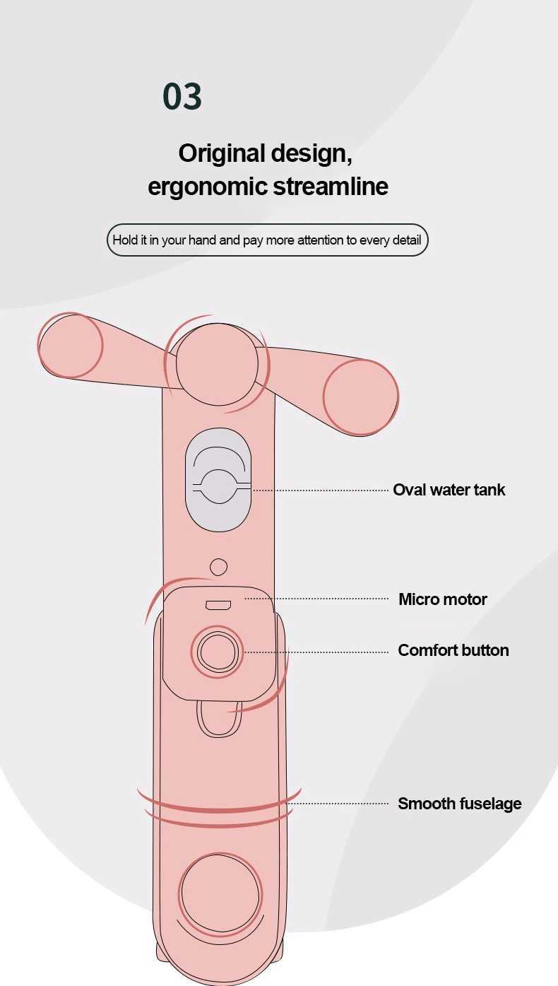 Andra apparater mini handhållna spray fläkt USB laddning bärbar nano vatten regenerering fläkt utomhus hushåll liten lätt att bära j240423