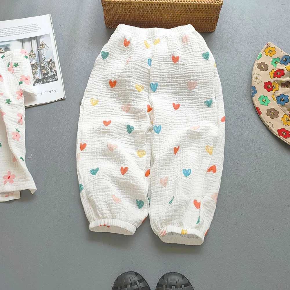 Byxor pojkar flickor bomull muslin mygg sommarbyxor för baby flicka tunna bambu blommor fashionabla hemkorea barn kläder h240423