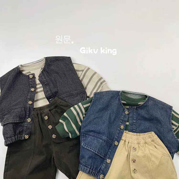 Gilet 2024 printemps Nouveaux enfants garçons sans manches devet de denim enfants veste de poche décontractée bébé cardigan solide 1-6 ans vêtements pour enfants h240423