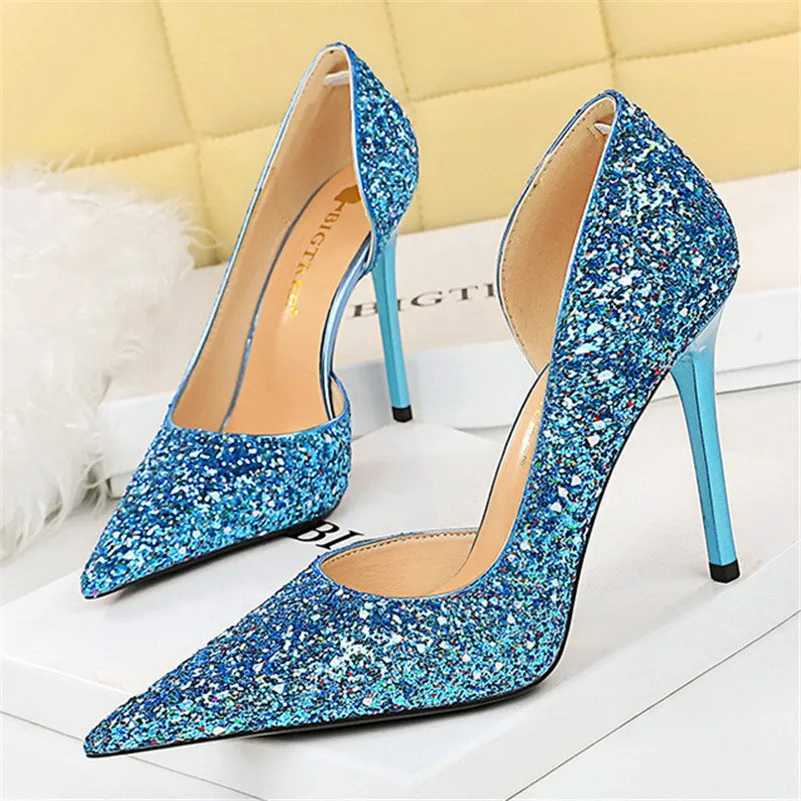 Dress Shoes Women 7cm 10.5cm Super High Heels Blue Gold Pumps Sexy Sequins Bling Low Lady Scarpins Luxury Stiletto Sparkly Party H240423