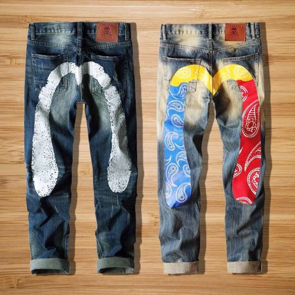 Fushen Jeans With Straight Fit Large M White Printed Brand, Fashionable And Trendy Men's Oversized Denim Pants 348240