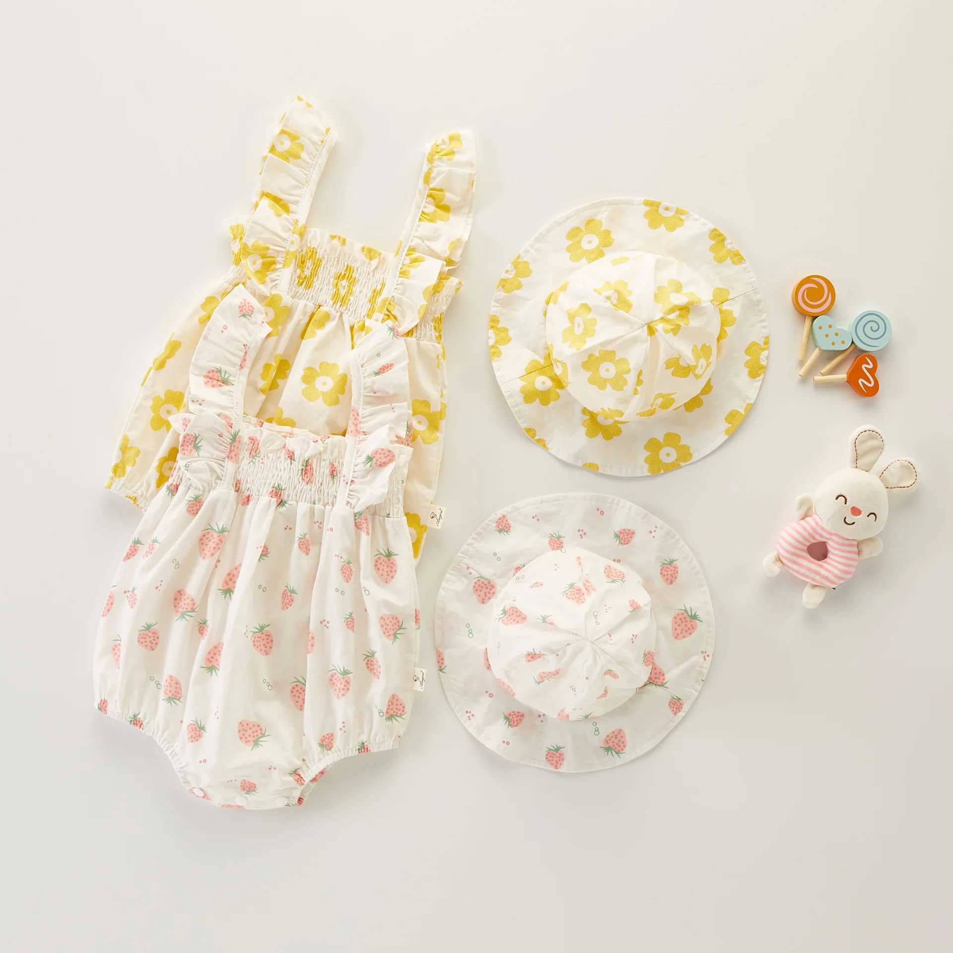 Rompers Angou Summer Newborn Baby Koszyk Bez rękawów Jobsu+kapelusz 2-częściowy kwiatowy dziecko H240423