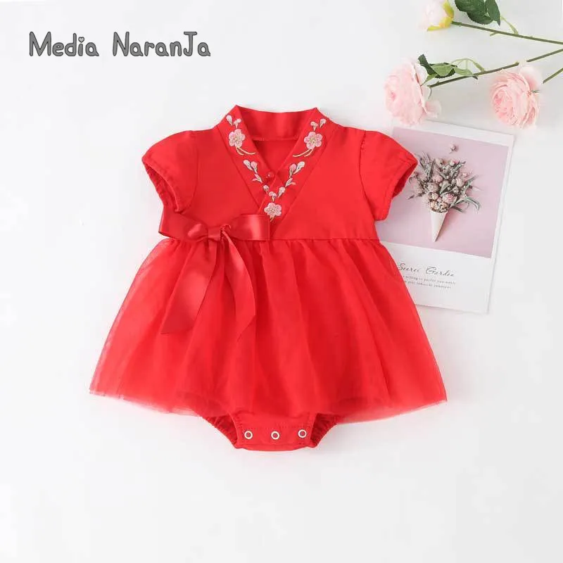 Pieces 2022 Vestido de verão Mesh floral nova garota de algodão bebê macacão de estilo chinês